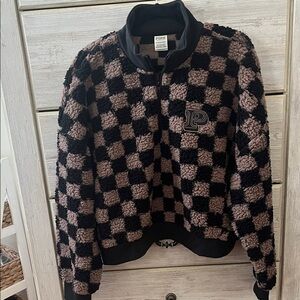 PINK Victoria's Secret Black and Brown Checkered Teddy Jacket half zipper